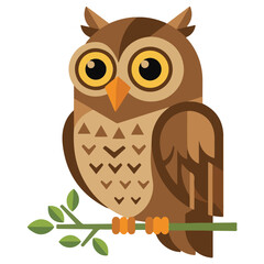 Wise brown owl perched on a tree branch flat vector illustration with wildlife predator illustration