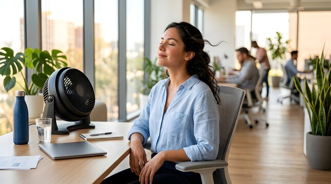 Businesswoman enjoying cool breeze from desk fan in modern office demonstrating heat wave relief and workplace comfort