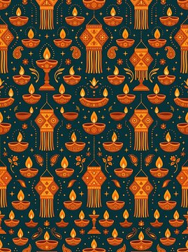 Diwali festive seamless pattern with oil lamps and paper lanterns