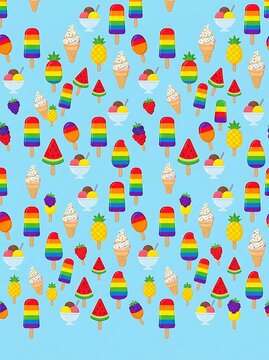 Rainbow frozen treats and fruit seamless pattern on blue background
