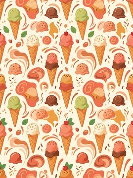 Colorful ice cream cones and scoops seamless pattern background