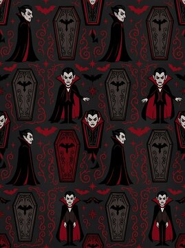Seamless vampire pattern with coffins and bats for halloween decor