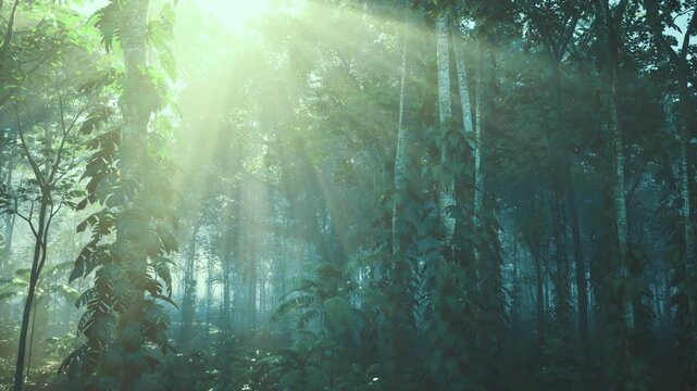 Sunlit Malaysian rainforest with soft mist, sunbeams piercing dense canopy, towering trees draped in moss, thick foliage and ferns, luminous rays creating