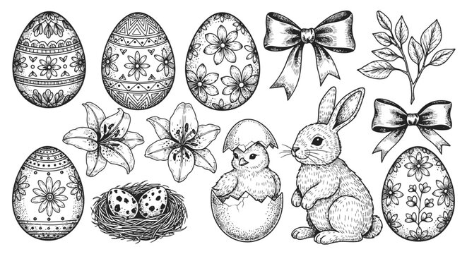 Detailed collection of Easter vector illustrations featuring pastel decorated eggs, spring flowers, cute rabbits, woven baskets, and seasonal floral motifs on a white background.