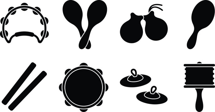 Percussion and Rhythm Instrument Black Silhouette Collection with Tambourine Maracas and Cymbals Icons