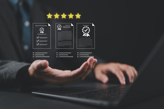 Standard certificate, quality assurance and 5 star rating compliance. Businessman presenting document with checkmark badge and five stars over laptop.