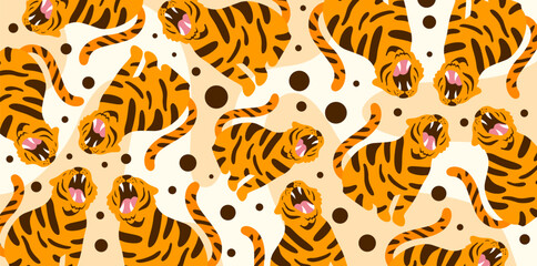 joyful little tigers playing together in seamless orange pattern © foxndeer