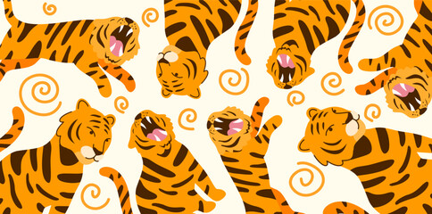 active tigers jumping and playing in white dotted pattern © foxndeer