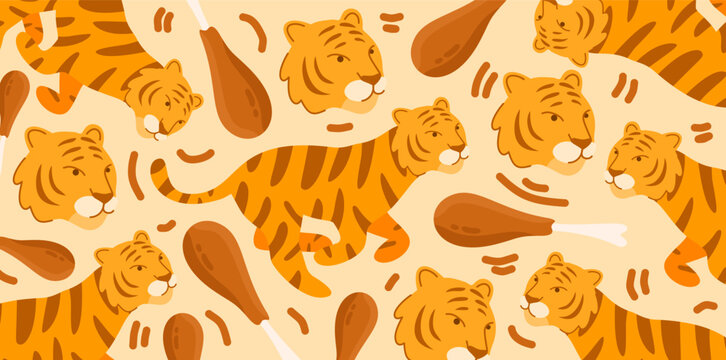 funny tiger running with fried chicken legs seamless pattern
