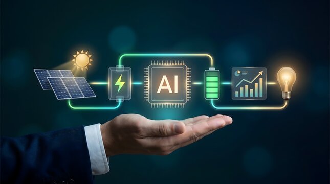 Smart energy grid ecosystem managed by artificial intelligence microchip showing solar power generation battery storage and financial analytics on hand