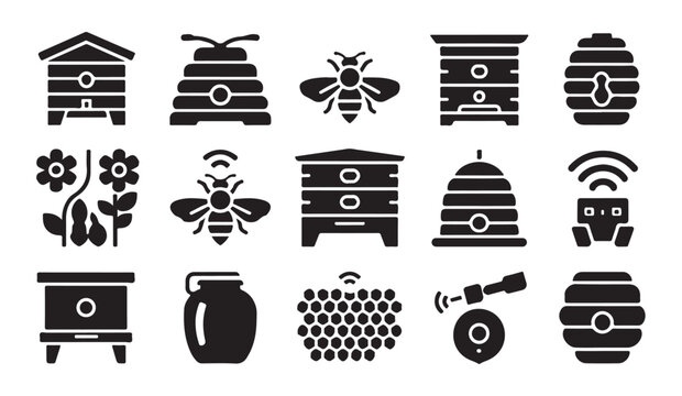 Smart beekeeping icon set featuring digital hive monitoring with wireless honey bees sensors and technology.
