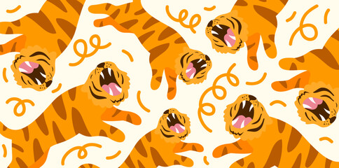 energetic tigers playing and roaring in dynamic jungle pattern © foxndeer