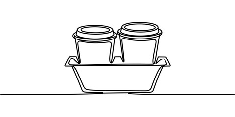 Obraz premium Continuous One Line Drawing of Paper Takeaway Cup Holder with Two Cups