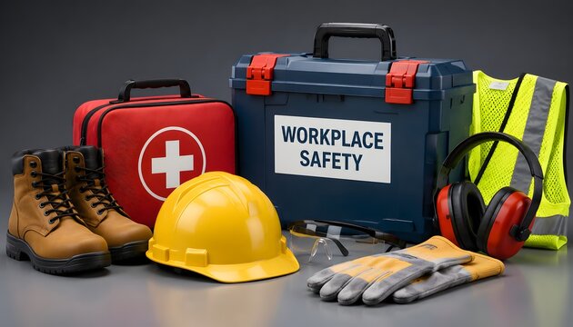 Workplace safety equipment collection featuring hard hat protective boots visibility vest first aid kit and goggles for occupational health