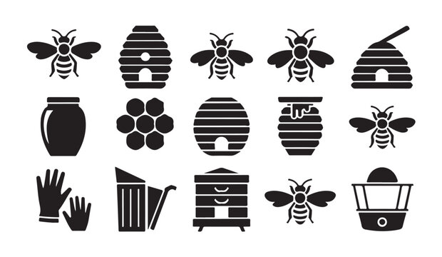 Beekeeping equipment and honeybee icons collection with hive jar and bee symbols for apiary graphic.
