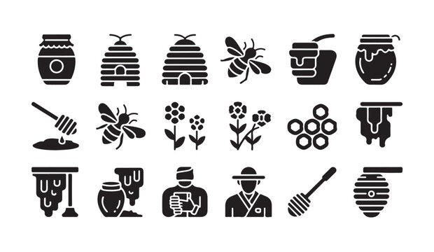 Beekeeping equipment and honeybee icons collection with hive jar and bee symbols for apiary graphic.