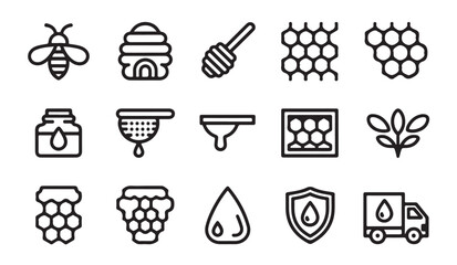 Honey outline icon set with linear symbols of honeycomb beehive delivery truck and organic nectar products. © VANU
