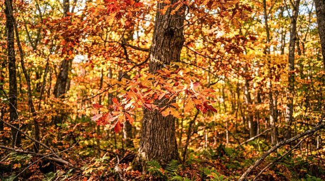 Vibrant autumn forest with colorful maple leaves and sunlight.