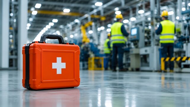 Orange first aid medical emergency kit resting on factory floor with manufacturing workers operating machinery in background