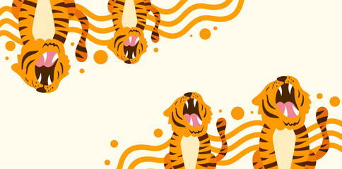 roaring tigers in orange wave border for jungle designs © foxndeer