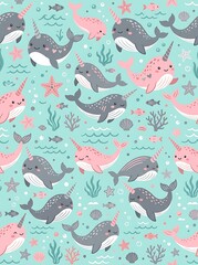 Cute narwhal and whale seamless pattern with marine life