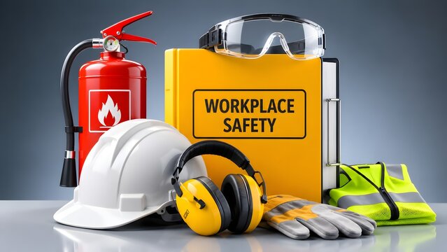 Comprehensive workplace safety equipment collection featuring fire extinguisher protective gear and compliance manual book