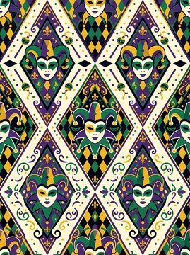 Festive mardi gras pattern with jester masks and harlequin diamonds