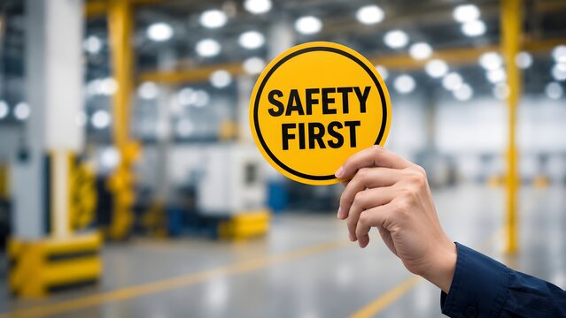 Occupational safety first warning sign held by industrial worker inside modern automated manufacturing factory warehouse