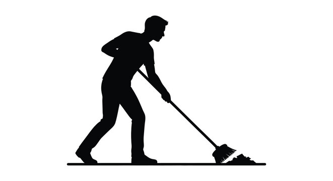 Man Sweeping Floor With Broom Black Silhouette