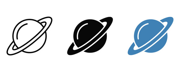 Planet with rings icon set in outline solid and blue style outer space astronomy exploration interface pictogram isolated celestial universe astrophysics discovery illustration adventure © Eps World