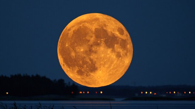 Full Orange Moon Rising Over Dark Horizon With Distant Lights Under Night Sky