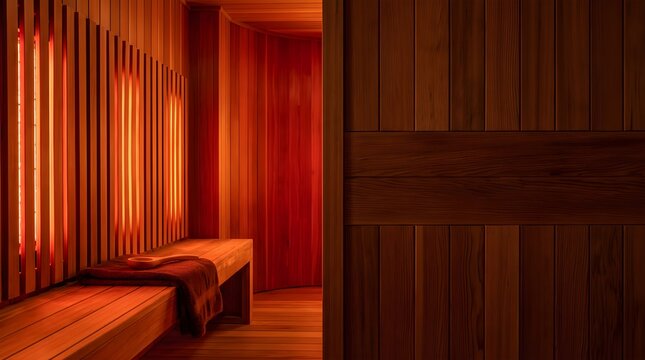 Modern infrared sauna interior with wooden benches and towel for wellness