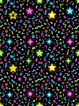 Neon seamless pattern with glowing stars and confetti background