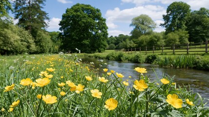 Obraz premium Vibrant Yellow Wildflowers Bloom Beside a Gentle Stream Flowing Through a Lush Green Meadow on a Sunny Day