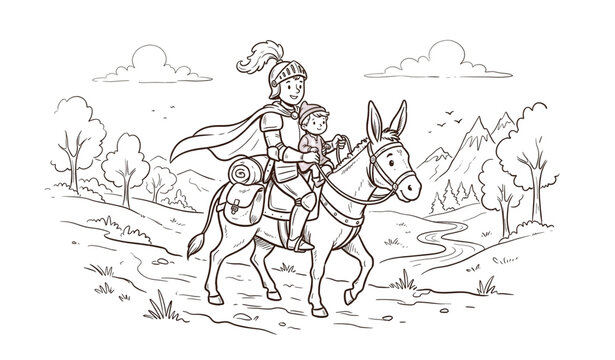 Untitled design - 1Create a premium hand-drawn black line art vector illustration isolated on a solid white background. Show a detailed storytelling scene featuring a brave human traveler or knight ri