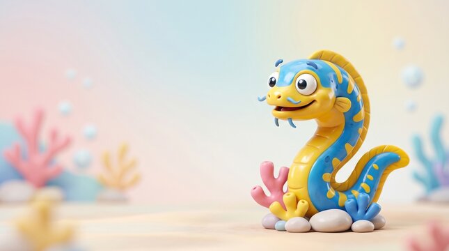 3Dクレイ風のかわいいハナヒゲウツボのキャラクターと海の背景
