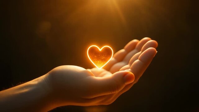 Glowing heart shape in open hand emitting warm golden light on dark background