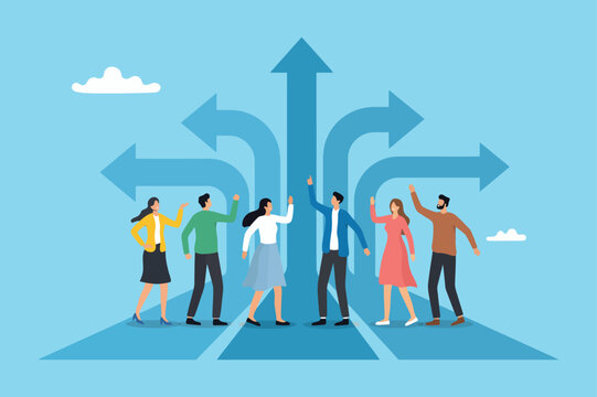 People standing near multiple directional arrows in a vector illustration individuals group direction