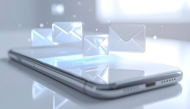 Clean and bright composition of 3D glass-like email envelopes hovering over a sleek mobile phone. Ideal for representing clean UI/UX, modern digital correspondence, and email server concepts.