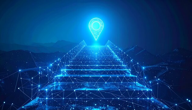 Futuristic staircase against a cyber landscape leading to a bright blue location marker. Represents finding the way, achieving target goals, metaverse navigation, and progress.