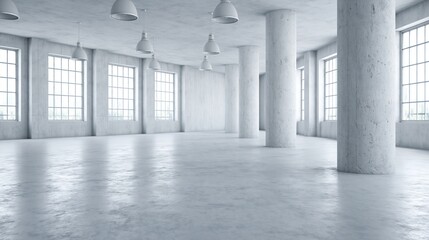 Obraz premium Spacious industrial loft with large windows and concrete columns, empty white studio space with natural light