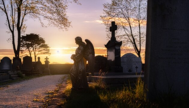 Tranquil graveyard at sunset with long shadows, golden hour light, statues and monuments casting silhouettes.