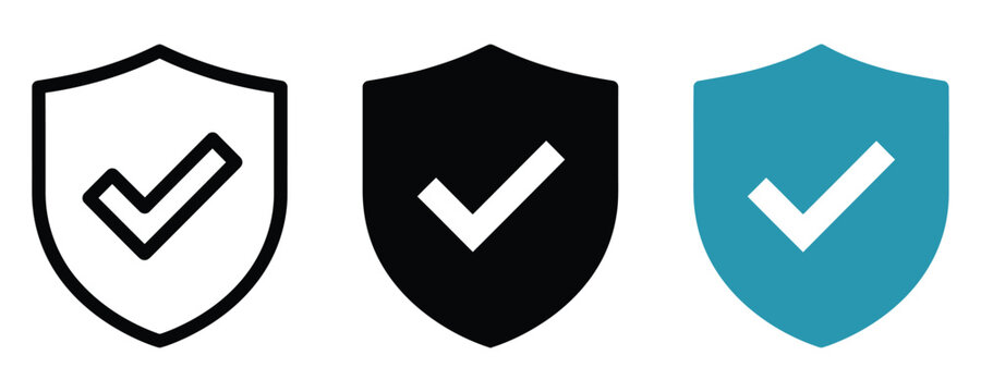 Shield check mark icon set for security and verification in three styles with security protection verified interface collection silhouette pictogram approval validated guarantee internet