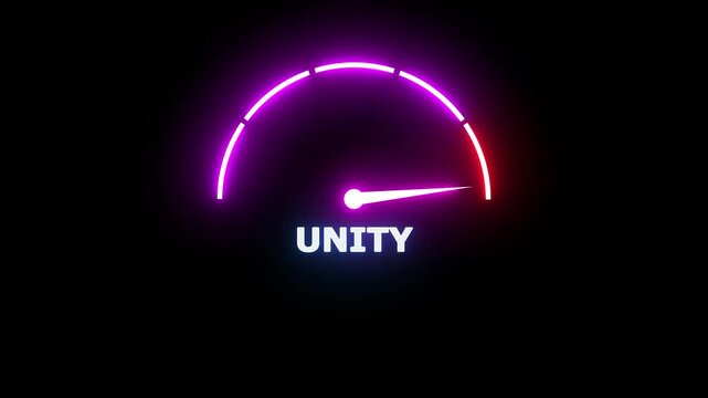 Neon glowing speedometer gauge with a bright purple and red arc indicator and the word unity centered below on a solid black background