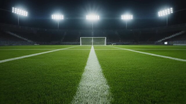 Empty football pitch at night illuminated by stadium floodlights with fresh green grass