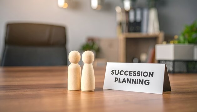 Minimal office desk with wooden figures and succession planning sign, representing leadership development, talent pipeline, business continuity, and HR strategy.