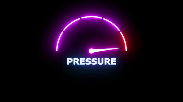 Neon glowing pressure gauge meter with a white needle pointing to the left side against a solid black background for industrial monitoring concepts