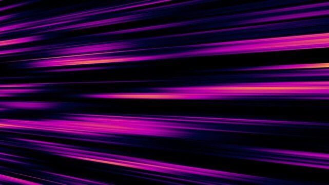 Fast horizontal speed lines in purple and orange neon glowing on black.4k video animation.