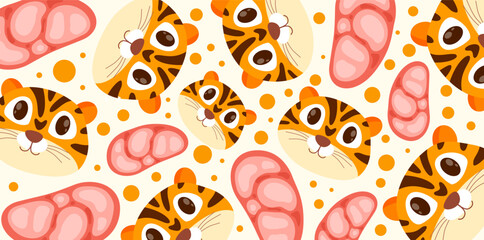 tiger faces and meat decorative pattern for kids and © foxndeer