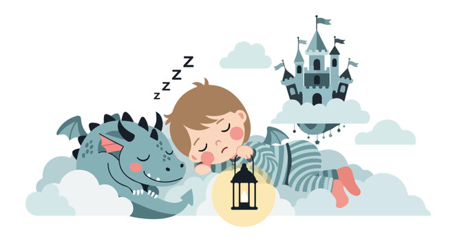A sleeping child and a friendly blue dragon rest on soft clouds under a magical sky with a floating castle and a lantern.